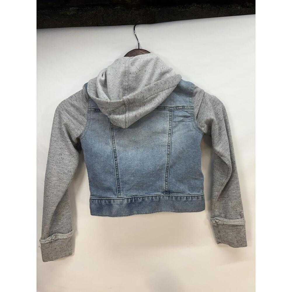 SO Girls Knit Sleeve Denim Jacket Wash Blue & Gray Hooded Youth Sz Small - Picture 2 of 6